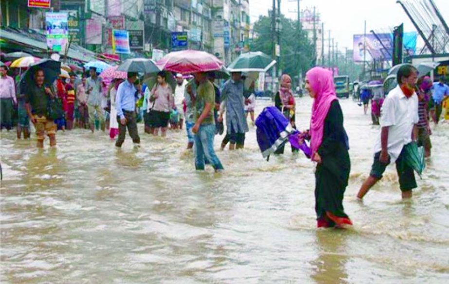 The low-lying areas of the Port City has been submerged by the rain water accompanied with high tide of the sea. Most of the areas inundated with knee deep to waist deep water and plying of city buses, public transports except paddle run rickshaws remai