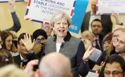 Britain's Prime Minster Theresa May delivers a stump speech at Netherton Conservative Club during the Conservative Party's election campaign, in Dudley.
