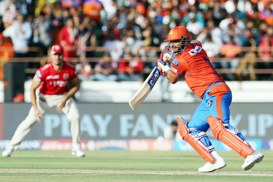 Gujarat Lions captain Suresh Raina plays a shot during match 26 of the Vivo 2017 Indian Premier League between Gujarat Lions and Kings XI Punjab held at the Saurashtra Cricket Association Stadium in Rajkot, India on Sunday.