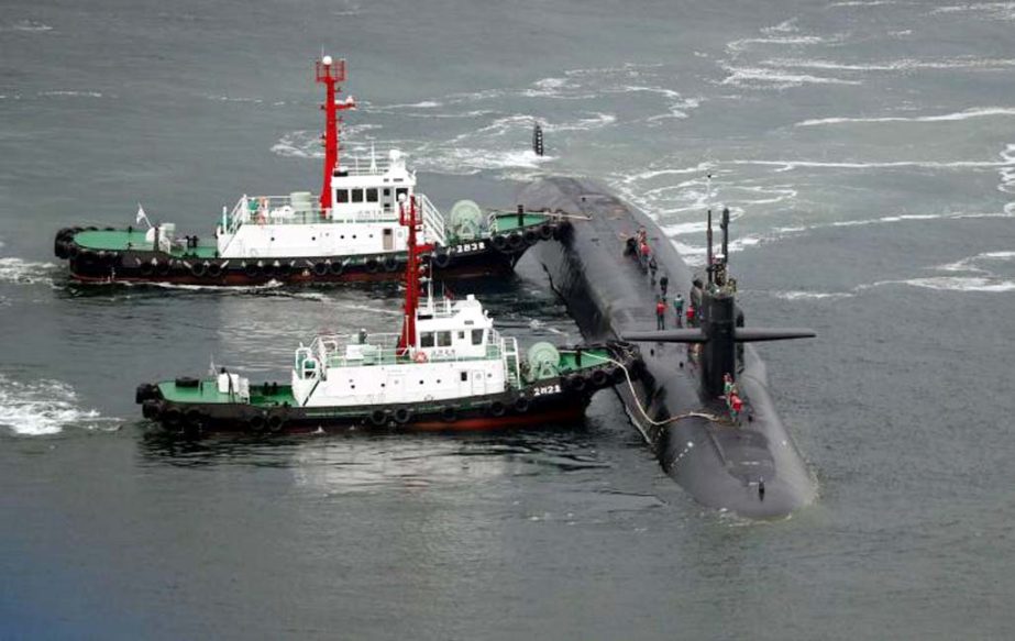 The USS Michigan, an Ohio-class nuclear-powered submarine, arrives at a naval base in Busan, South Korea, on Tuesday.