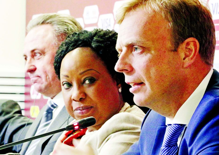 Colin Smith, FIFA's Competitions Director (right) FIFA Secretary General Fatma Samoura (centre) and Vitaly Mutko, Russia's deputy prime minister in charge of sport, tourism and youth policies, attend a news conference after the Russia 2018 LOC Board mee