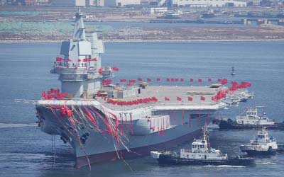China's first domestically built aircraft carrier is seen during its launching ceremony in Dalian, Liaoning province, China.