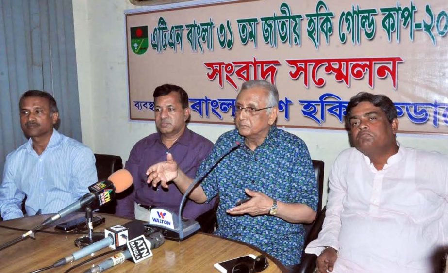 General Secretary of Bangladesh Hockey Federation Abdus Sadek speaking at a press conference at the conference room of Moulana Bhashani National Hockey Stadium on Wednesday.
