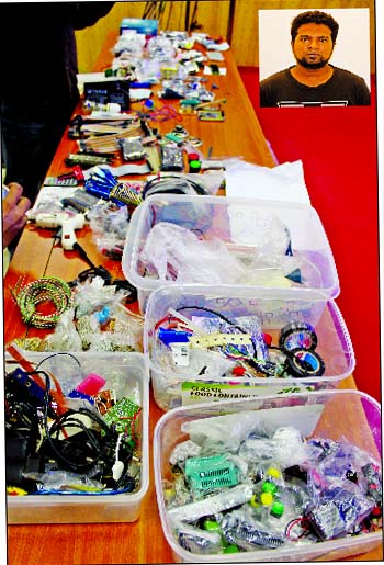 Explosive expert Jeny, a member of JMB's Tamim Sarwar Group was arrested with Improvised Explosive Device and huge electronic goods from city's Uttara area by RAB-10 team. This photo was taken from RAB Media Centre on Wednesday.