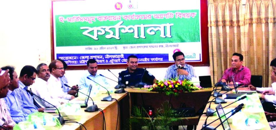 NILPHAMARI: Md Zakir Hossain, DC, Nilphamari addressing a workshop on progress on implementation of e-services at DC's Conference Room as Chief Guest on Wednesday.