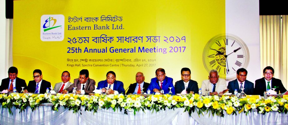 M Ghaziul Haque, Chairman of Board of Directors of EBL, presiding over its 25th AGM at a convention centre in the city recently. The AGM declares 20pc Cash and 5pc Stock Dividend for the year ended on 31 December 2016. Mir Nasir Hossain, AM Shaukat Ali, M