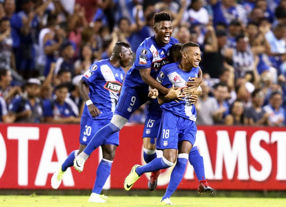 Ayrton Preciado of Ecuador's Emelec (right) celebrates with teammates after scoring against Argentina's River Plate during a Copa Libertadores soccer match in Guayaquil, Ecuador on Thursday.