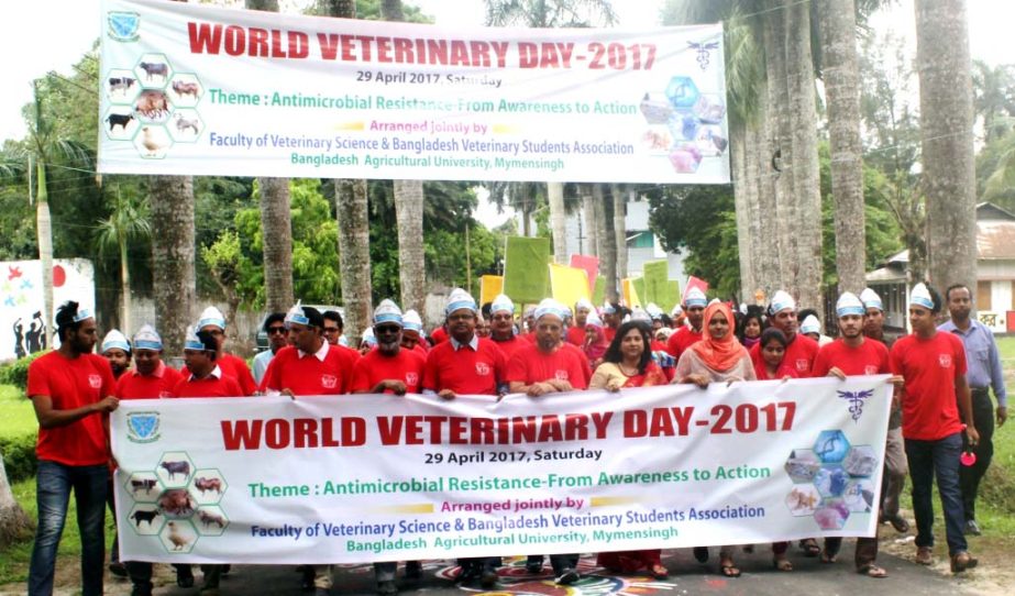 A rally to mark the World Veterinary Day-2017 at Bangladesh Agricultural University, Mymensingh on Saturday.