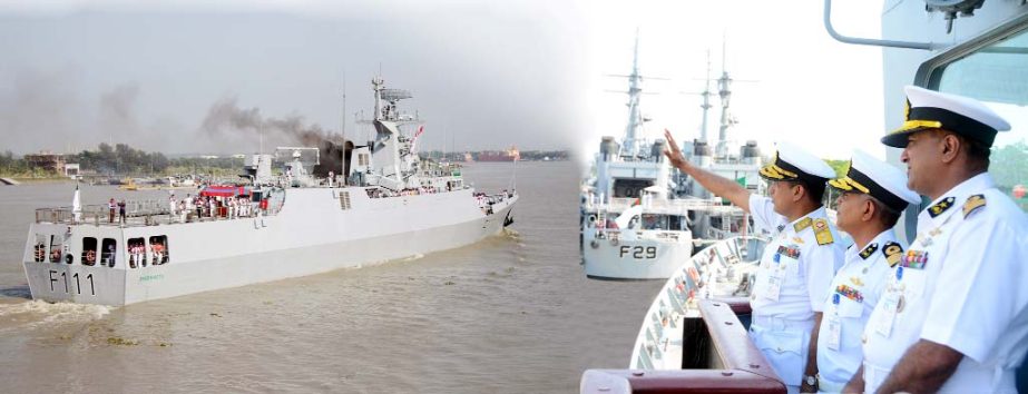 Navy warship Swadhinata left Chittagong Port for Singapore to take part International Maritime Defence Exhibition (IMDEX) Asia-2017 on Tuesday.