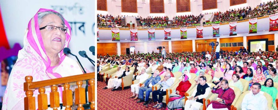 Prime Minister Sheikh Hasina speaking at a ceremony organised on the occasion of historic May Day at Bangabandhu International Conference Center in the city on Monday. BSS photo