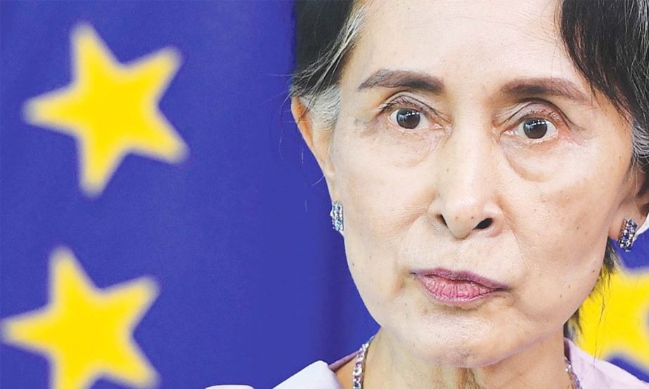 Myanmar's First State Counsellor Aung San Suu Kyi addresses a press conference after her meeting with the European Commission Foreign Policy Chief on Tuesday.
