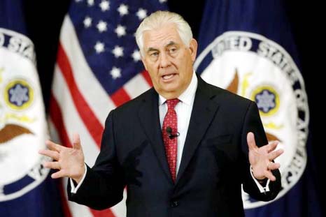 US Secretary of State Rex Tillerson delivers remarks to the employees at the State Department in Washington on Wednesday.