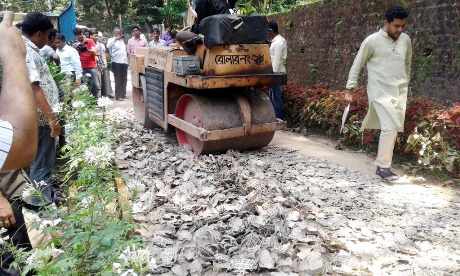 Executive Magistrate Mohammad Arafat Hossain and Divisional Forest Officer SM Golam Mowla was present during the destroying of this contraband turtle shell.