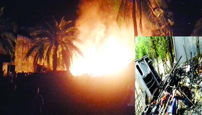 KHULNA: A devastating fire gutted valuables including ducks, sewing machines and furniture (inset) at Deara Devanagar area at Digholia Upazila in Khulna district in the residence of an ACI Sales Supervisor Bikon Sharma recently.