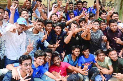 BOGRA: Students who achieved GPA- 5 in the SSC Examination from Bogra Zila School showing V-sign on Thursday.