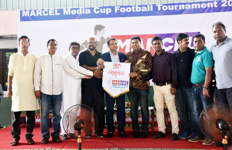 Managing Director of Saif Power Tec Limited Tarafder Md Ruhul Amin formally opens the Marcel-BSJC Media Cup Football Tournament as the chief guest at the Shaheed (Captain) M Mansur Ali National Handball Stadium on Sunday.