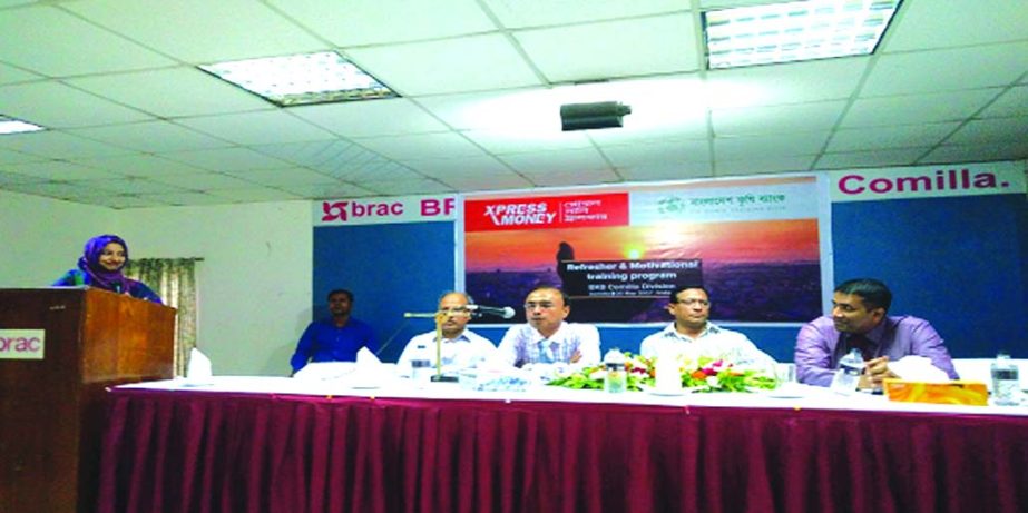 Thakur Das Kundu, General Manager (Operation & Planning) addressing a 'Motivational and Refreshers Training Programme' for the remittance officers of Comilla Division organized jointly by Bangladesh Krishi Bank (BKB) and Xpress Money in Comilla recently