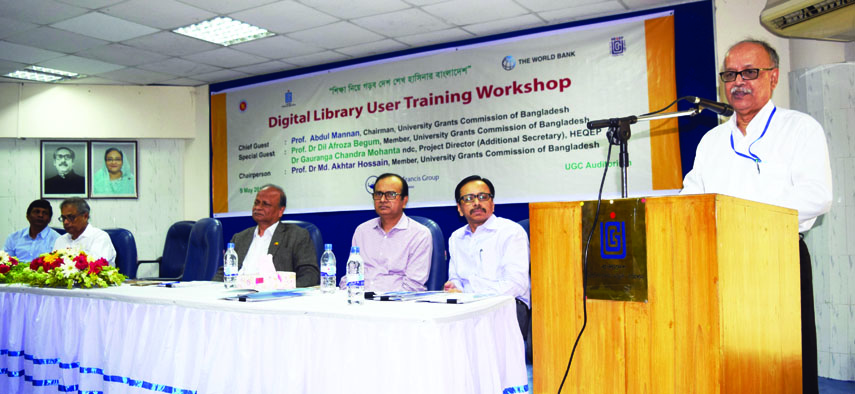 UGC Chairman Prof Abdul Mannan speaking at a workshop on 'Digital Library User Training' in the city on Tuesday.
