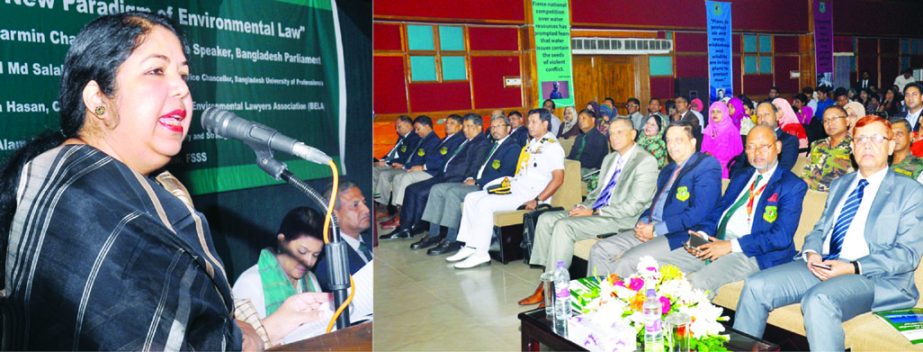Jatiya Sangsad Speaker Dr Shirin Sharmin Chaudhury speaking at a seminar on 'Right to Water: A New Paradigm of Environmental Law' on BUP campus in the city's Mirpur Cantonment on Tuesday. ISPR photo