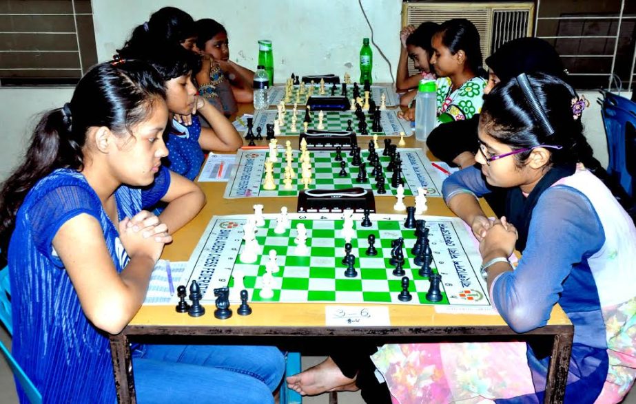 A scene from the Girls' Section of the 37th National Junior Chess Championship held at Bangladesh Chess Federation hall-room on Tuesday.