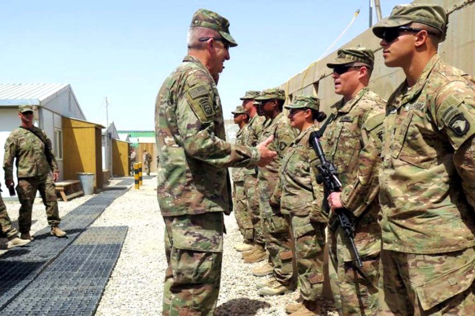 US Army Gen. John Nicholson, commander of U.S. forces in Afghanistan, talks to U.S. soldiers during an April transfer of authority ceremony in Helmand province.