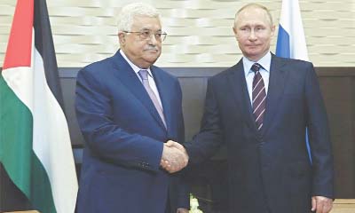 Sochi (Russia): Russian President Vladimir Putin shakes hands with Palestinian leader Mahmud Abbas during their meeting at the Bocharov Ruchei state resident on Thursday.