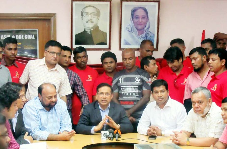 Senior Vice-President of Bangladesh Football Federation (BFF) and Chairman of the Professional Football League Committee Abdus Salam Murshedy speaking during the players' transfer window of Bashundhara Kings at the BFF House on Saturday. Bashundhara King