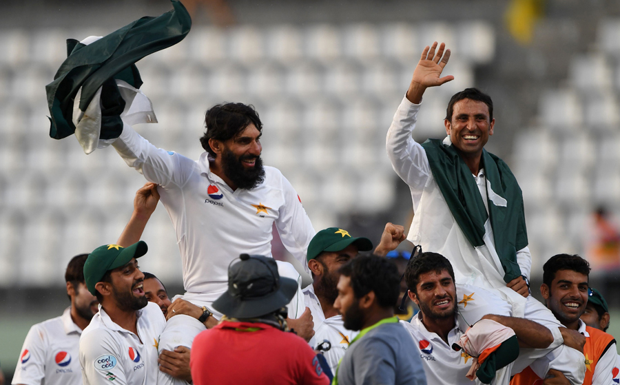 The Pakistan team carry Misbah-ul-Haq and Younis Khan on their shoulders during the victory lap on the 5th day of 3rd Test between West Indies and Pakistan at Dominica on Sunday.