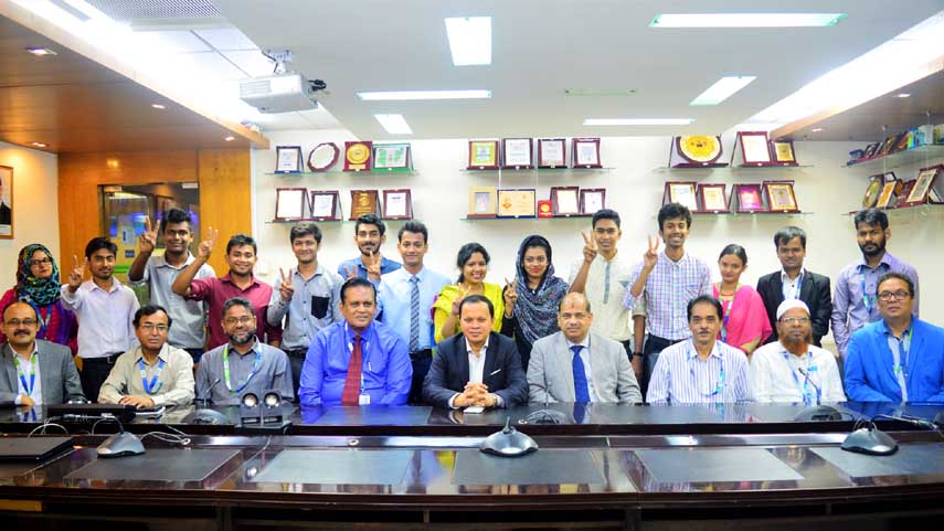 Md. Sabur Khan, Chairman, Board of Trustees, Daffodil International University along with the winners of 'Are You the Next Startup?' program and other distinguished high officials of Daffodil International University at the final event of the program he
