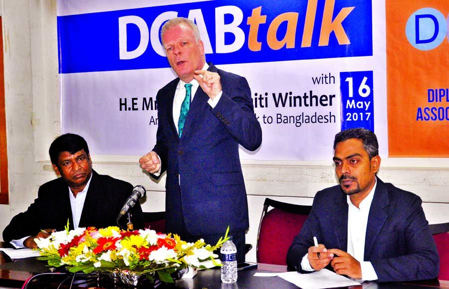 Danish Ambassador to Bangladesh Mikael Hemniti Winther speaking at 'Meet The Press' organised by Diplomatic Correspondent Association of Bangladesh at the Jatiya Press Club on Tuesday.