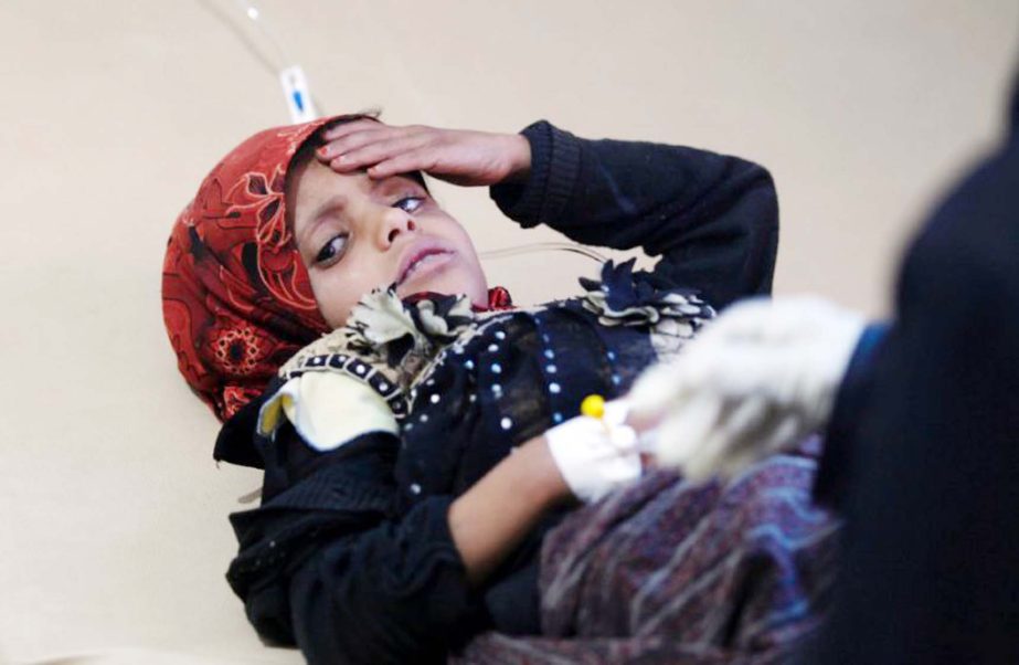 A Yemeni child, suspected of being infected with cholera, receives treatment at a hospital in Sanaa.
