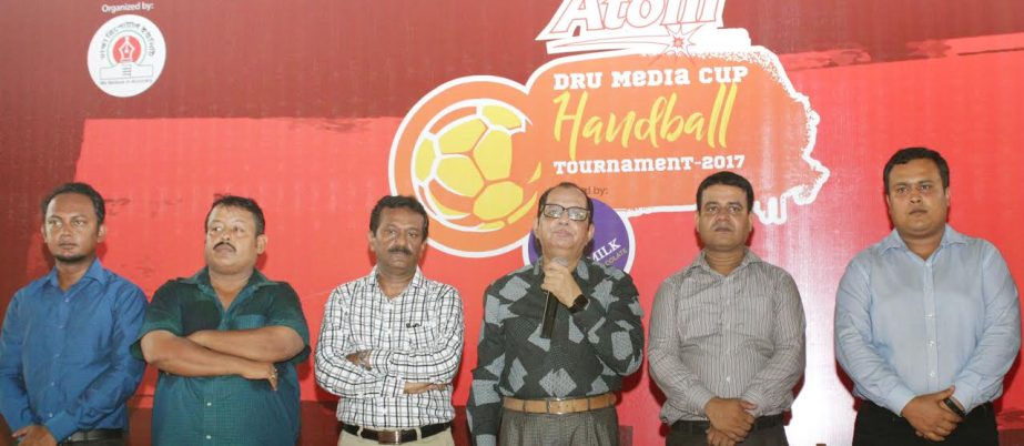State Minister for Youth and Sports Dr Biren Sikder speaking at the inaugural ceremony of the Atom Gum-DRU Media Cup Handball Tournament at the Shaheed (Captain) M Mansur Ali National Handball Stadium on Wednesday.