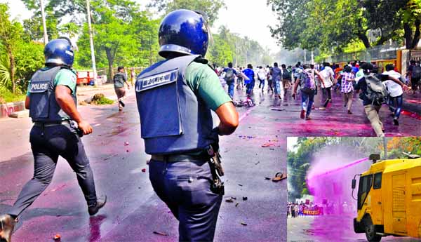 Police lob teargas shells, use water cannon on students of Medical Assistant Training School (MATS) in the city's Shahbagh area on Thursday to disperse them while they were staging demonstrations to realize their demands.