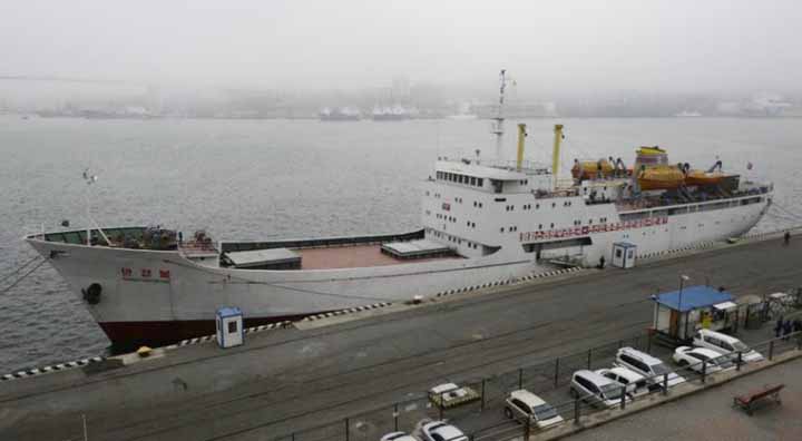 The North Korean ferry, the Mangyongbong, is docked in the port of the far eastern city of Vladivostok, Russia, on Thursday.