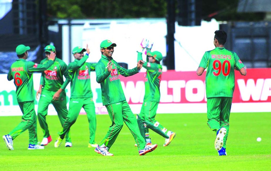 Mustafizur Rahman celebrates after taking the wicket of Paul Stirling in the second over of the Tri-Nation Cricket series between Bangladesh and Ireland at Dublin in Ireland on Friday.