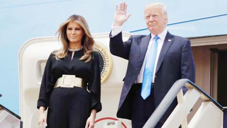 U.S. President Donald Trump and first lady Melania Trump board Air Force One for his first international trip as president, including stops in Saudi Arabia, Israel, the Vatican, Brussels and at the G7 summit in Sicily, from Joint Base Andrews, Maryland, U