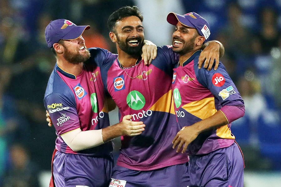 Jaydev Unadkat celebrates a sensational return catch to dismiss Lendl Simmons during the IPL final match between Mumbai Indians and Rising Pune Supergiant at Hyderabad on Sunday.