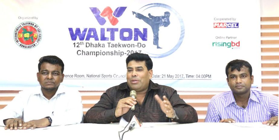 Operative Director and Head of Sports & Welfare Department of Walton Group FM Iqbal Bin Anwar Dawn addressing a press conference at the conference room of National Sports Council on Sunday.