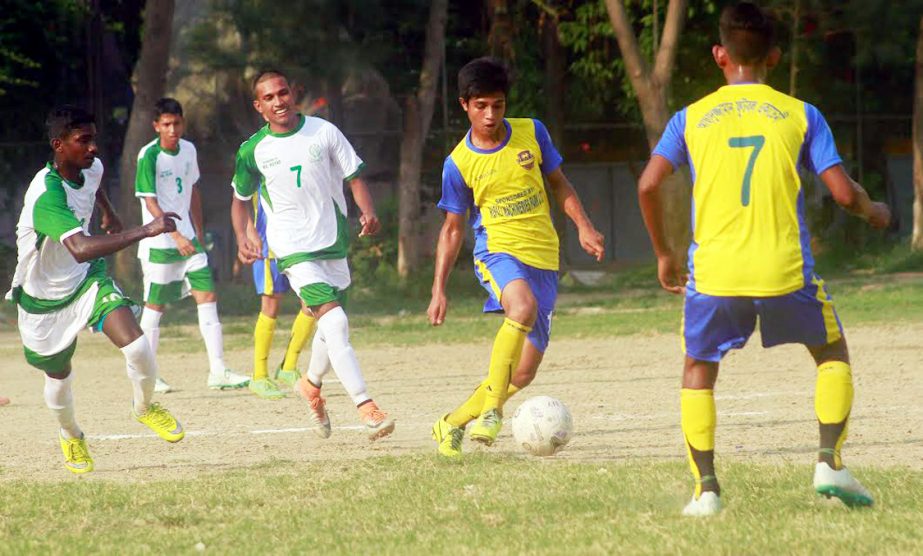 A scene from the match of the Dhaka North City Corporation and Dhaka South City Corporation Pioneer Football League between Chandpur Football Academy and Jhilmil Football Academy at the Paltan Maidan on Sunday. Chandpur Football Academy won the match 4-0.