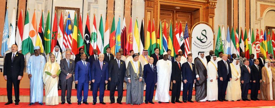 Bangladesh Prime Minister Sheikh Hasina, US President Donald Trump and Saudi King Salman bin Abdulaziz Al Saud, among others, pose for photograph at the Arab Islamic American(AIA) Summit in Riyadh on Sunday.