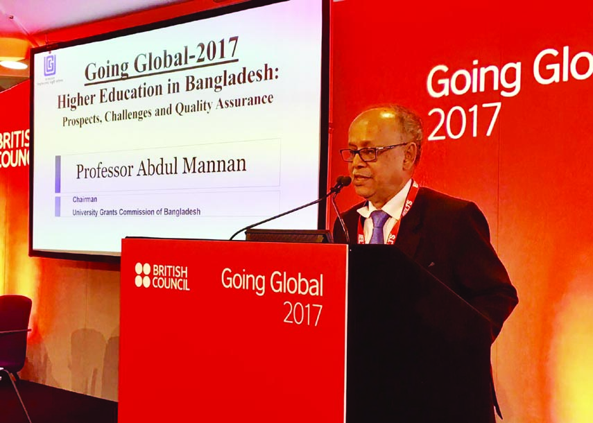 UGC Chairman Prof Abdul Mannan speaking at the Going Global 2017 International Conference organised by the British Council in London on Tuesday . UGC Photo