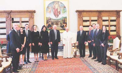 Pope Francis with US President Donald Trump, his wife Melania, Jared Kushner, Ivanka Trump and the US delegation at the Vatican on Wednesday.
