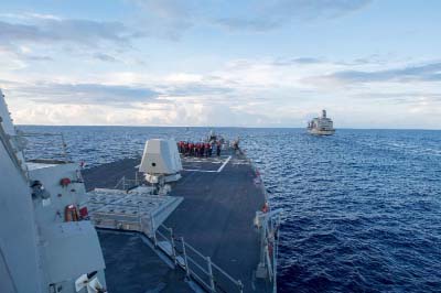 The Arleigh Burke-class guided-missile destroyer USS Dewey prepares for a replenishment-at-sea in the South China Sea.