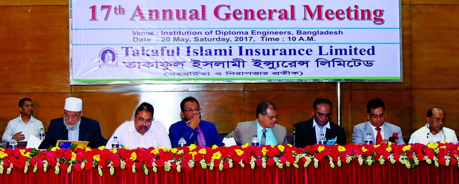 Md Abul Hashem, Chairman of Takaful Islami Insurance Ltd. presiding over the 16th AGM at IDEB auditorium in the city recently. Anwar Hossain Khan, Vice-Chairman, Emdadul Haque Chowdhury, EC Chairman, Anwar Hossain Chowdhury, Chairman, Claim Committee, AKM