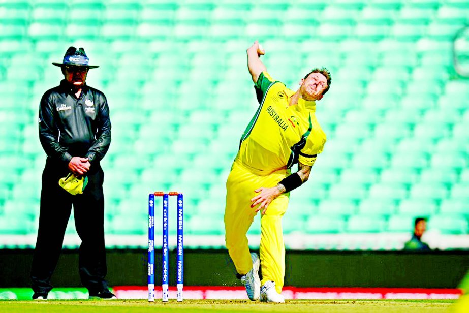 James Pattinson of Australia bends his back during the warm-up match of the ICC Champions Trophy between Sri Lanka and Australian at the Oval on Friday.