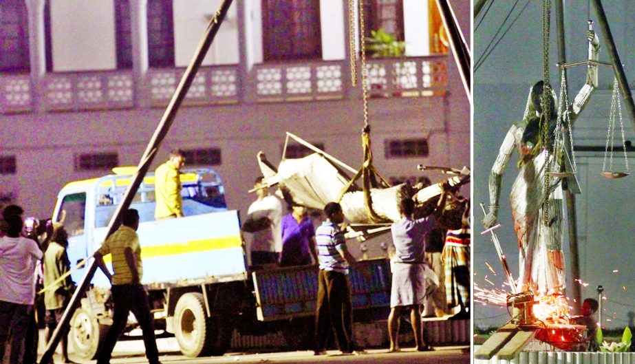 The Statue of Greek Lady Justice, taken down from the Supreme Court premises, is being loaded in a truck to remove it on Friday.