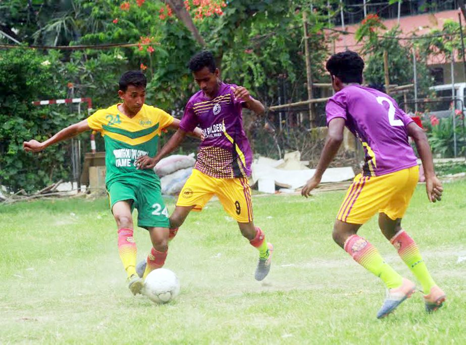 An action from the match of the Dhaka North City Corporation and Dhaka South City Corporation Pioneer Football League between Alhaj Nur Islam Football Academy and Madrasapara Sporting Club at the Paltan Maidan on Saturday. Alhaj Nur Islam Football Academy