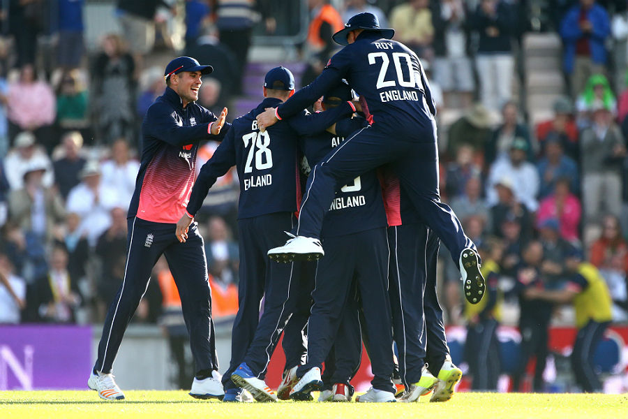 England's players celebrate a thrilling two-run win in the 2nd ODI between England and South Africa in Ageas Bowl on Saturday.