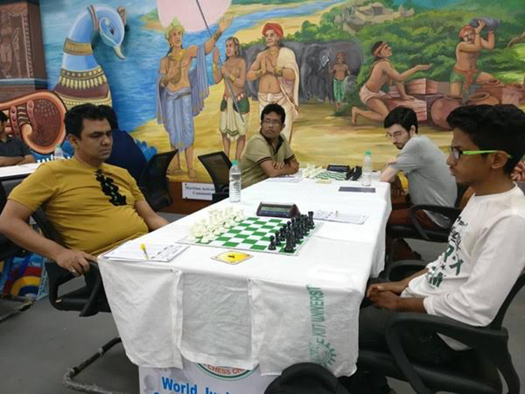 GM Ziaur Rahman (left) in action during the 3rd round match of the 10th KIIT International Chess Festival at Bhubaneswar in Odisha, India on Saturday.