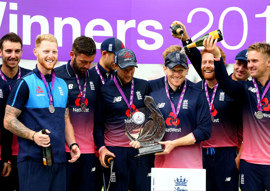 England celebrate their series win against South Africa at Lord's on Monday.